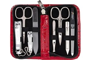 3 Swords Germany - brand quality 8 piece manicure pedicure grooming kit set synthetic leather case red ostrich - Made in Germany