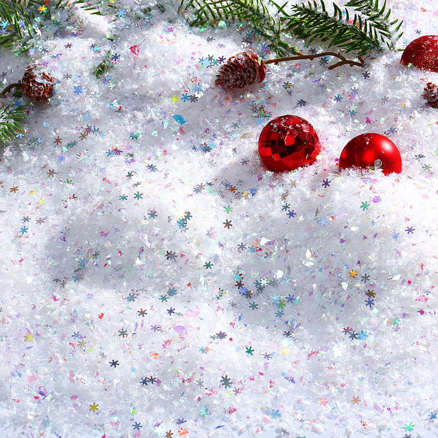 Artificial Snow - Geosar 14 oz Christmas Artificial Snow and 1.4 oz Snowflakes Confetti Christmas Instant Snow Fake Snow Glitter Iridescent Snowflake Decorations for Christmas Wedding Holiday Party (AB Color)
