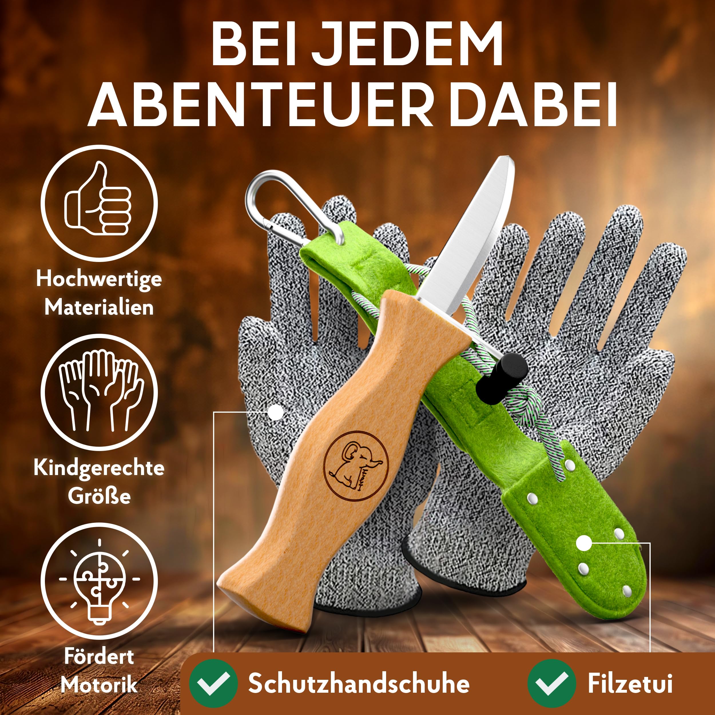 Eli® Schnitzmesser Kinder mit Filztasche ab 6 Jahre - hochwertiges Kindermesser Schnitzset inkl. schnittfeste Handschuhe - Kinderschnitzmesser - Schnitzwerkzeug - Outdoor Messer - grün 2