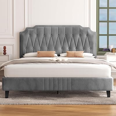 Yaheetech 5ft King Bed Frame Upholstered Platform Bed with Headboard Velvet Grey