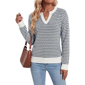 Arach&Cloz Women's Polo Striped Long Sleeve Casual Sweaters Breathable Tops | 100% Cotton, Lightweight Knit, V Neck Pullover,