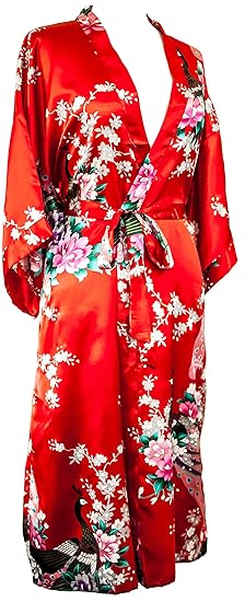 CCcollections Kimono Robe lang 16 Farben Prämie Pfau Brautjungfer Brautdusche Damen Geschenk
