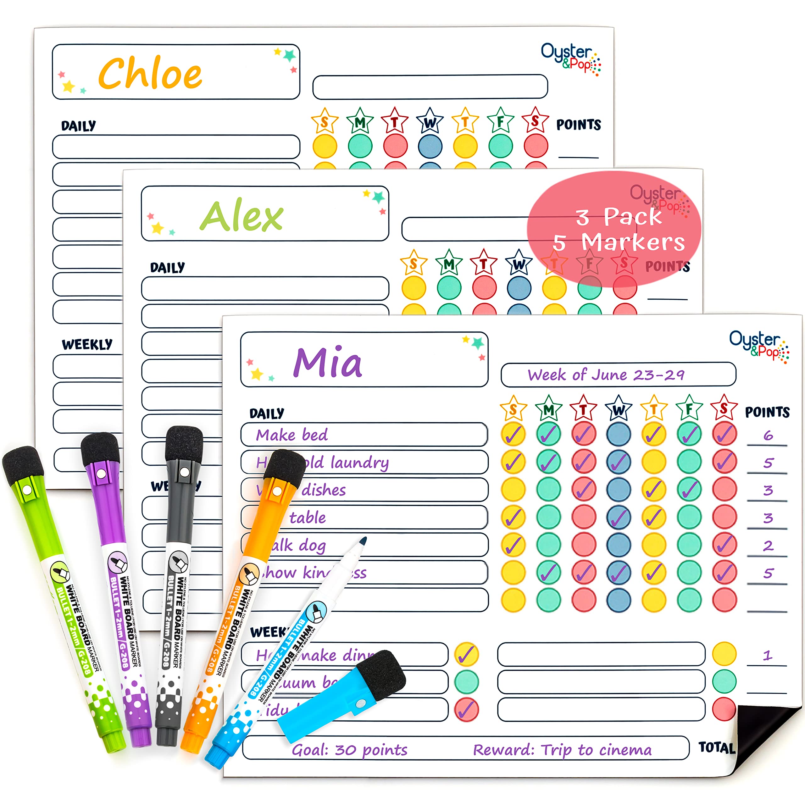 3 Pack Award-Winning Magnetic Chore Charts for Multiple Kids, Teens & Adults - Dry Erase Reward Chart Whiteboards - Task Organisation & Responsibility Checklists for Families — image 1