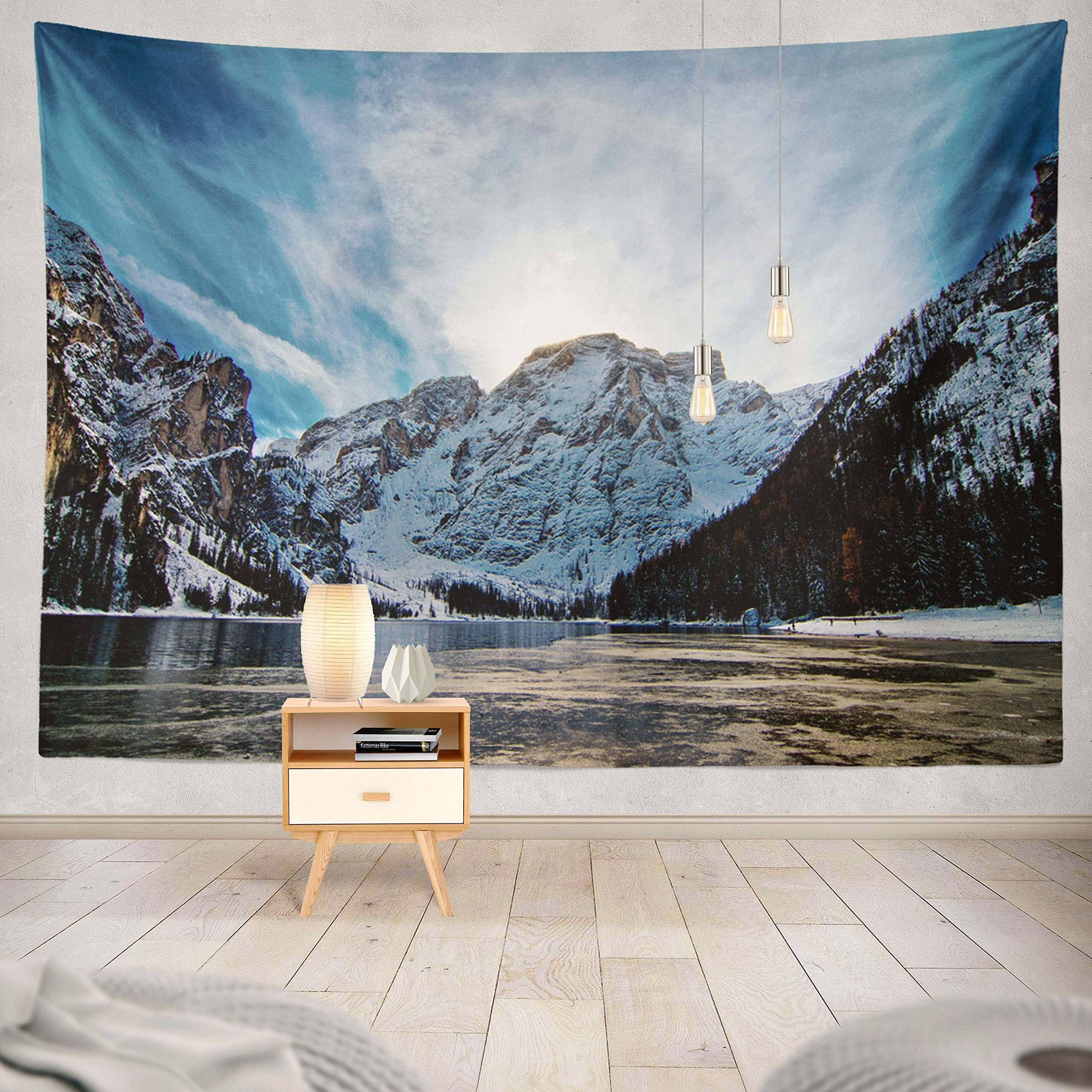 Summor Wall Tapestry, Snowy Blue Sky Lake Adventure Autumn Beautiful Colorful Family Fir Forest 60 X 80 Inch Nature Home Decorations for Living Room Bedroom Dorm