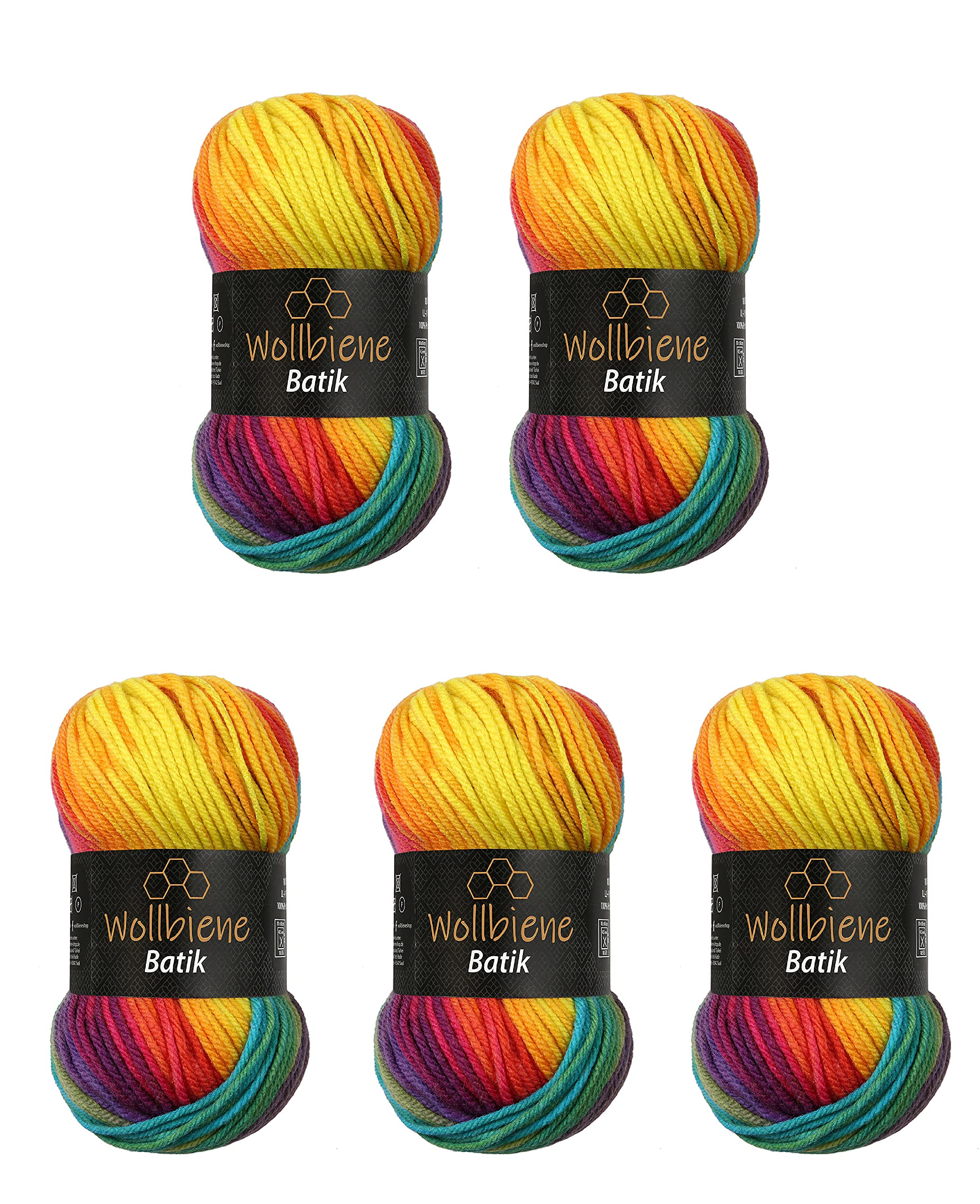 5 x 100 g Wollbiene Batik, 500 g Wool with Colour Gradient, Multicoloured, Knitting Wool, Crochet Wool (5910 Rainbow) — image 1