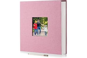 HENPISEN Large Photo Album Self Adhesive Scrapbook Magnetic Album for 4x6 6x8 8x10 Pictures 60 Pages Linen Cover DIY Photo Album with A Metallic Pen and DIY Sticker(Pink)