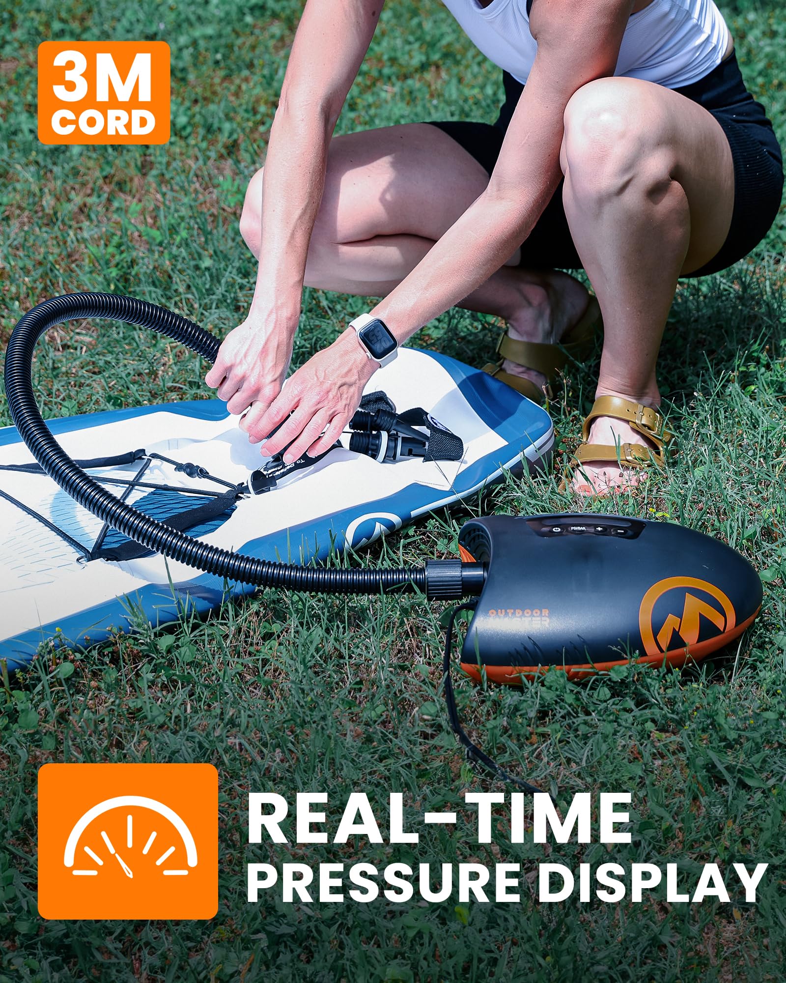 OutdoorMaster 20PSI High Pressure SUP Air Pump Shark - Intelligent Dual Stage Inflation & Auto-Off & Deflation, 12V DC Car Connector, for Inflatable Stand Up Paddle Boards, Boats