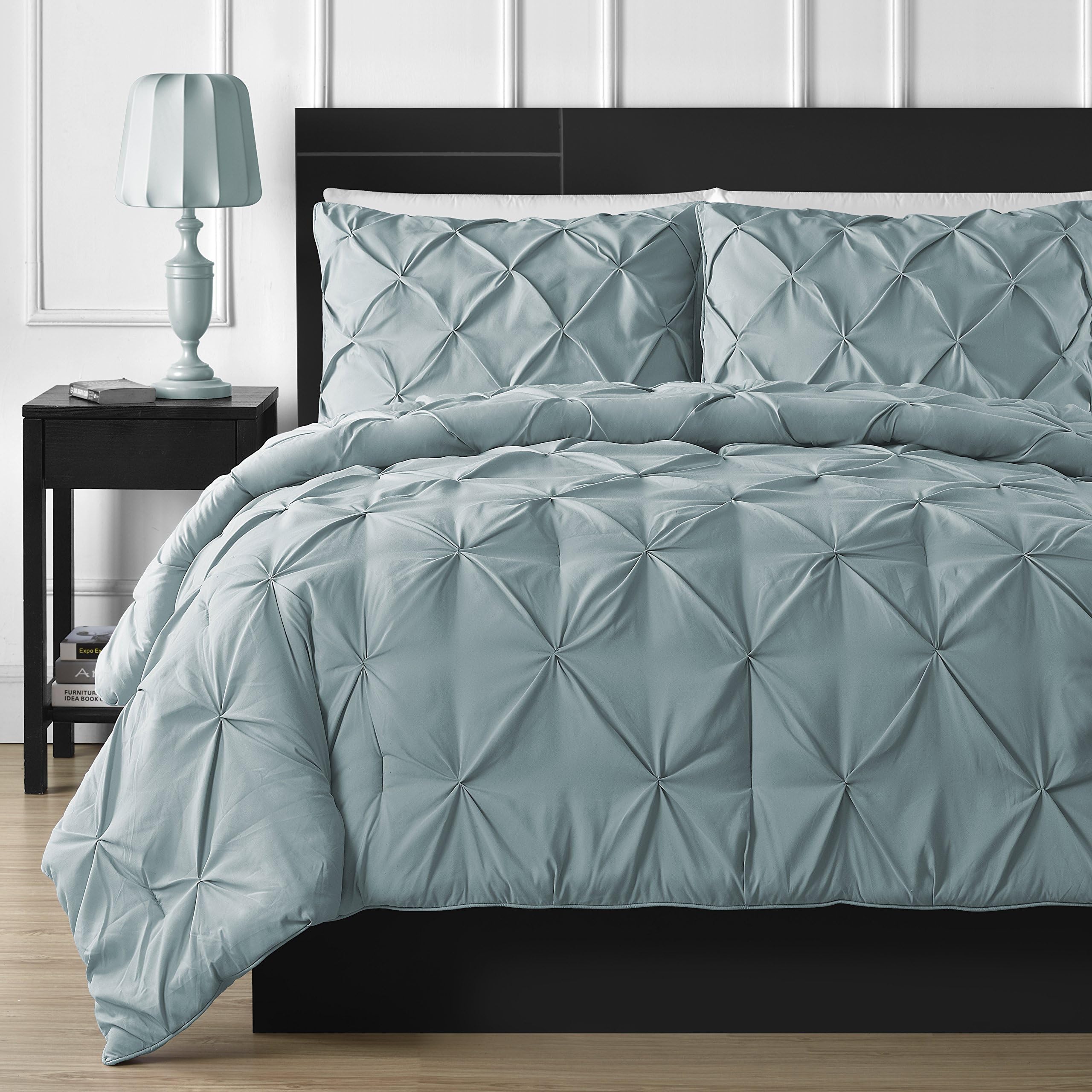 Comfy Bedding Double Needle Durable Stitching 3-Piece Pinch Pleat Comforter Set All Season Pintuck Style, California King, Spa Blue