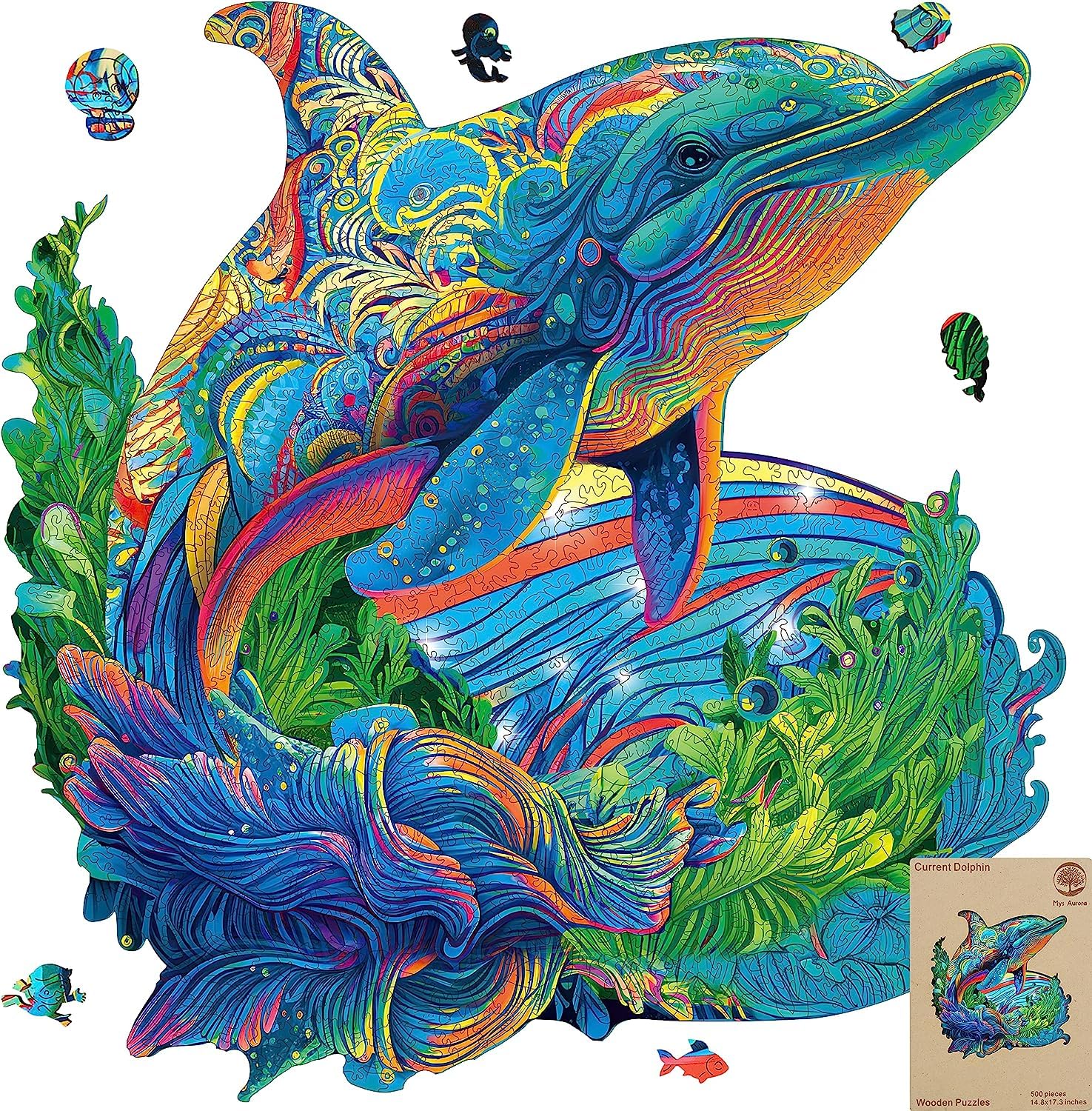MYS Aurora Wooden Puzzles, Dolphin Jigsaw Puzzles 500 Pieces, Unique Shaped Wooden Puzzles for Adults and Kids, Family Game 17.3 x 14.8 Inch Image