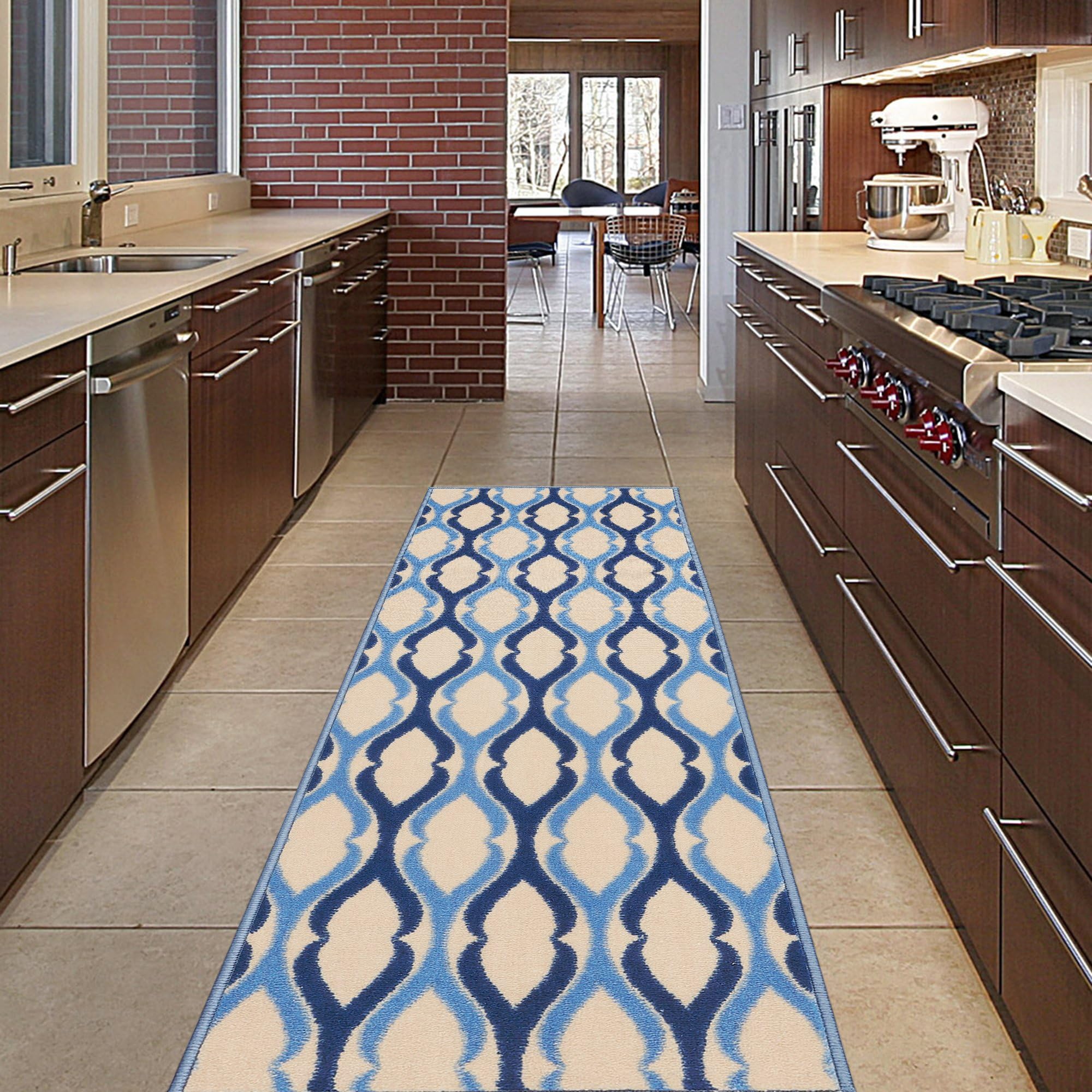Diagona Designs Contemporary Moroccan Trellis Design Non-Slip Kitchen / Bathroom / Hallway Area Rug Runner, 20'' W x 59'' L, Ivory / Blue / Navy