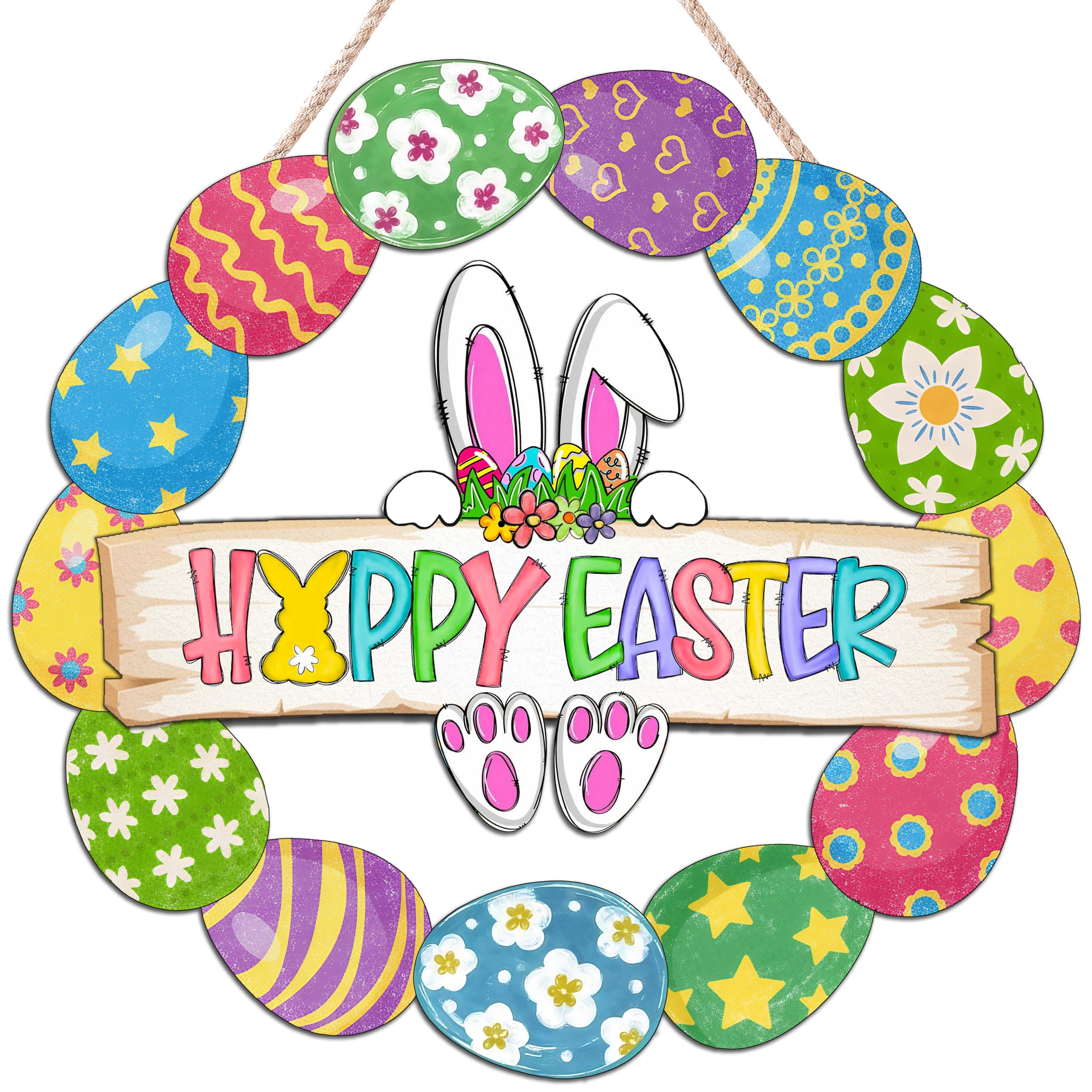 Easter Decoration Wooden Door Wreath for Front Door Sign Cute Bunny Happy Easter Eggs Wooden Door Hanger Bunny Flower Eggs Welcome Hanging Sign for Outdoor Indoor Home Wall Spring Easter Decor