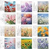 Affrolling 12 Pcs Pre Drawn Canvas for Painting for Adults 8 x 8 Inch Canvas Painting Kits Stretched with Drawing Ready to Paint Beginner Artists Date Night Party Supplies(Flower)