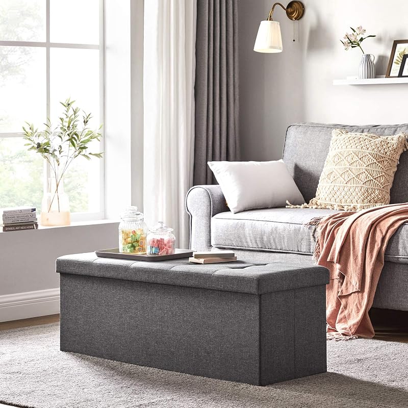 MAZIE Collezione - Cassapanca, Pouf Contenitore, Poggiapiedi Pieghevole da 38 x 110 x 38 cm, Ottomano, Portante 300 kg, per Soggiorno, Camera da Letto, Entrata, Grigio Scuro LSF77K