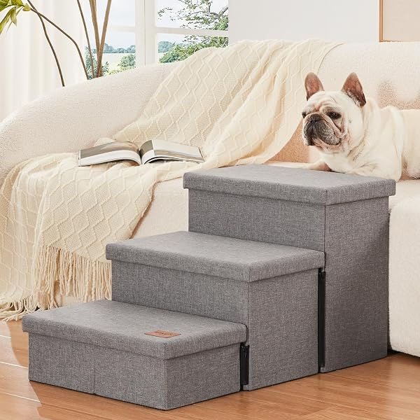 LOVE’S CABIN DOG STAIRS FOR HIGH BED 18″H,FOLDABLE PET STAIRS FOR SMALL MEDIUM OR LARGE DOGS PUPPY WITH STORAGE FOR BED OR COUCH, CAT DOG STEPS RAMP WITH ZIP UP TO 200 LBS(SOLID GREY,3 STEPS NO CONDO)