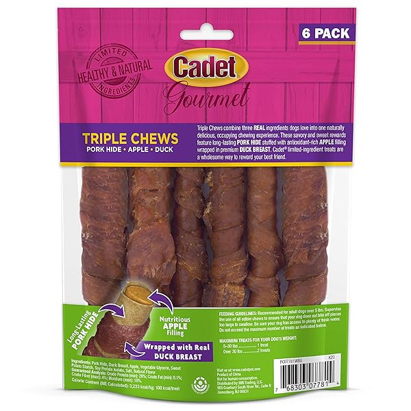 CADET GOURMET TRIPLE CHEWS LONG-LASTING PORK HIDE STICKS WITH APPLE AND DUCK, HEALTHY DOG TREATS FOR SMALL & LARGE DOGS, 6 COUNT