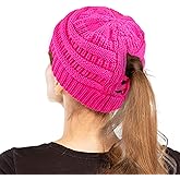 C.C Exclusives Soft Stretch Cable Knit Messy Bun Ponytail Beanie Winter Hat for Women (MB-20A)