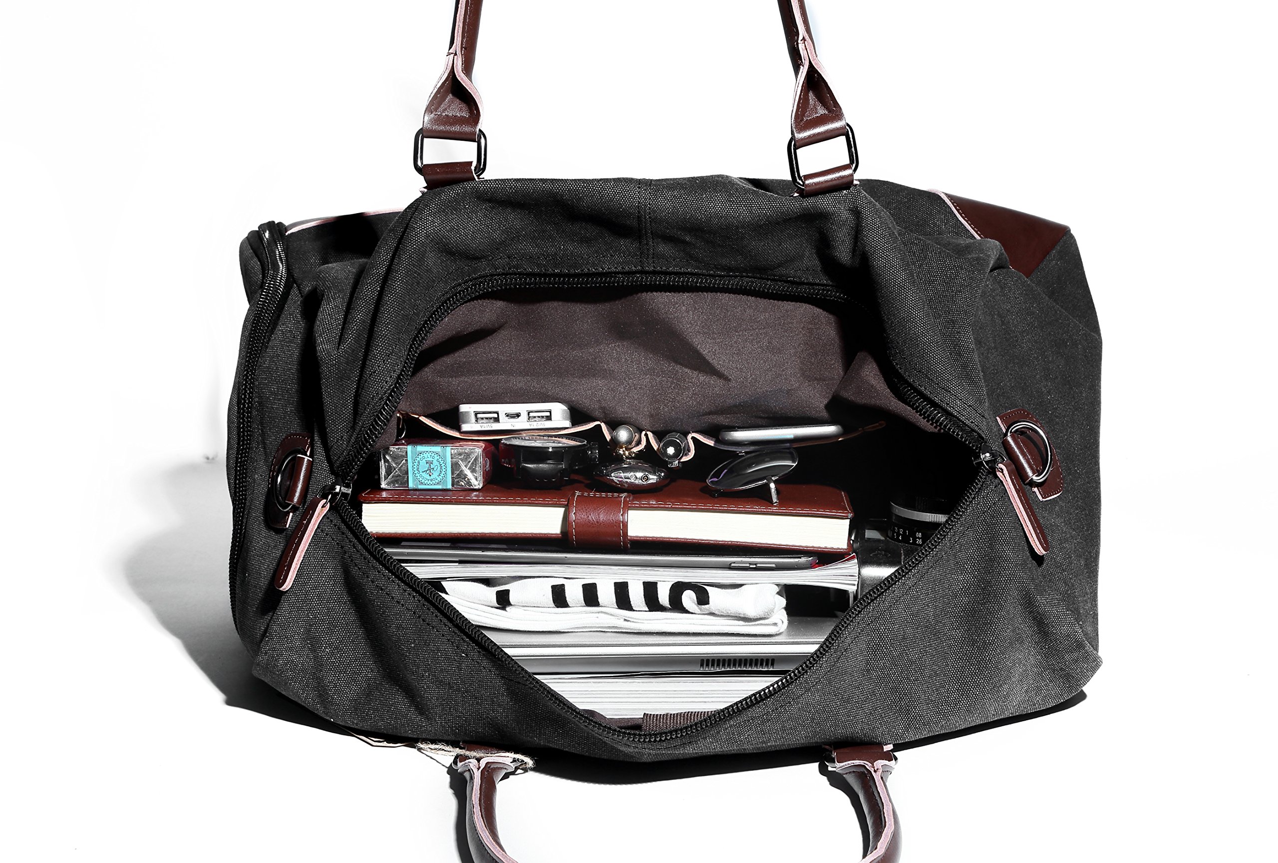 Fresion Canvas Leather Carry on Bag Weekender Overnight Holdall Tote Bag with Metal Buckle for Men with Shoe Pouch(Black)