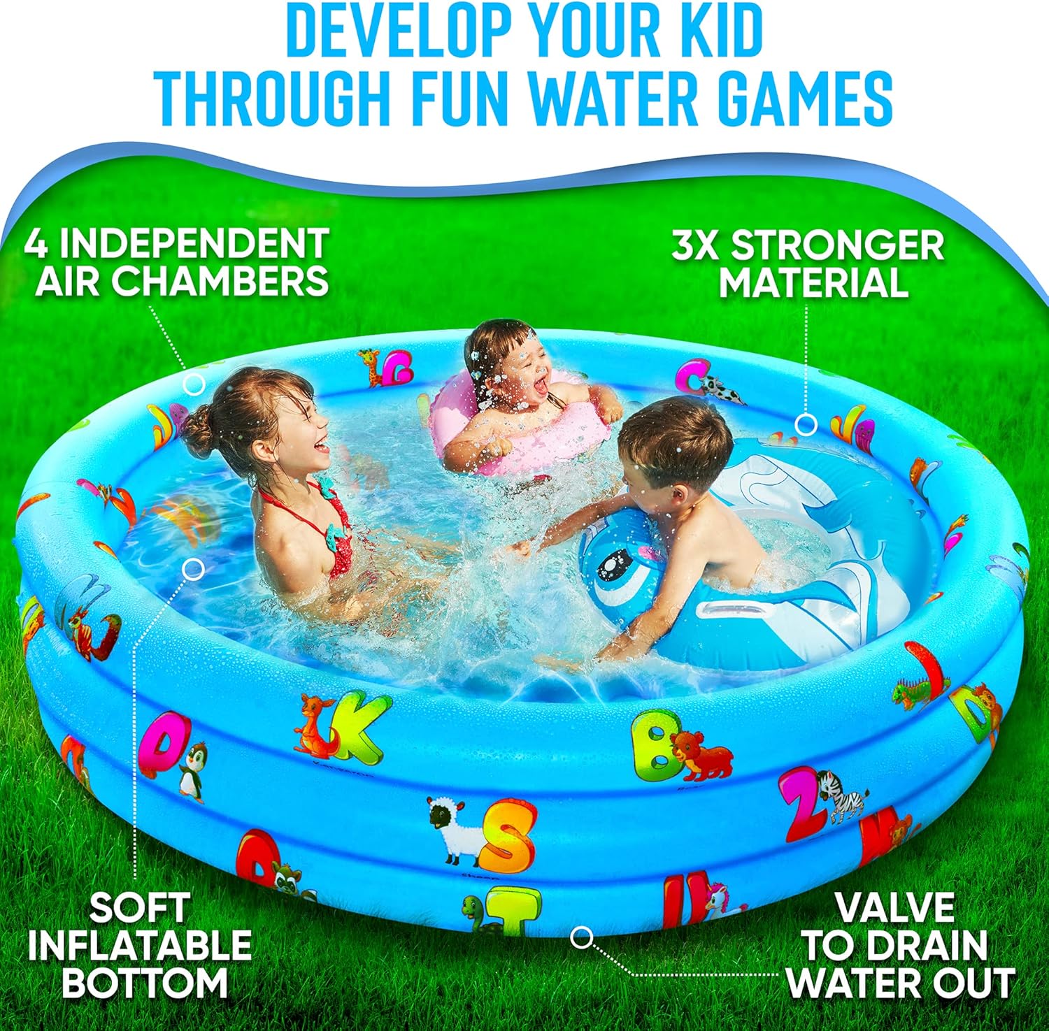 Inflatable Kiddie Pool for Kids - Kids Pools for Backyard - Swimming Pool for Kids and Toddlers - 3 Ring Pools for Inside and Outside - Durable Material with Soft Bubble Botton, Blue: Kitchen & Dining