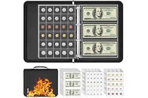 NOIPOSI Coin Binder for Collectors with Handle, Fireproof 400 Pockets Coin Collection Album & 36 Paper Currency Book Sleeves, Coin and Bill Organizer Holder Supplies for Quarters, Pennies, 12.8x10.2x1.8inch
