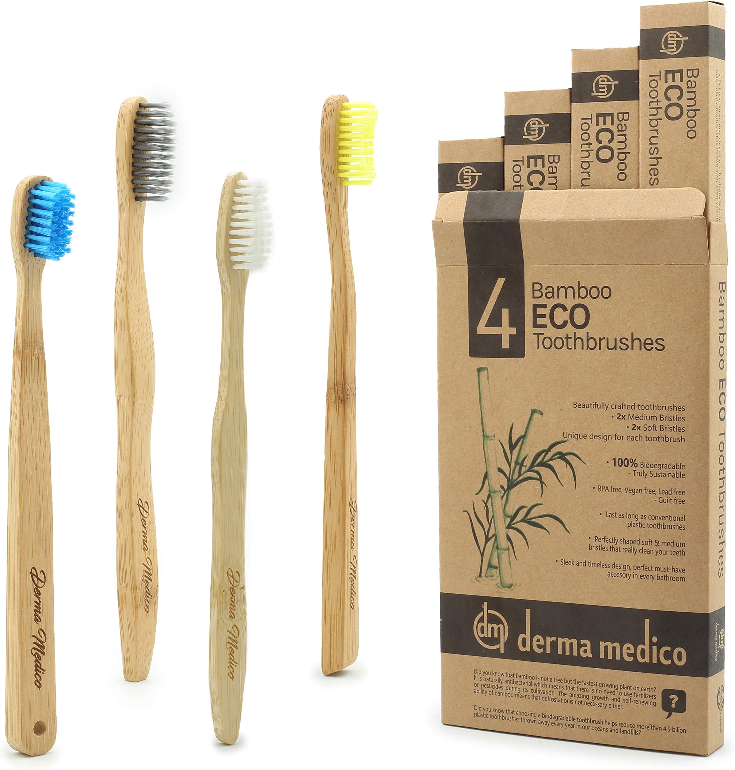 Bamboo Toothbrush by Derma Medico | Pack of 4 Beautifully Crafted Bamboo Toothbrushes with Rounded Handle - 3 Eco Toothbrushes + 1 Charcoal Bristle Toothbrush | Soft and Medium Bristles | Needle and