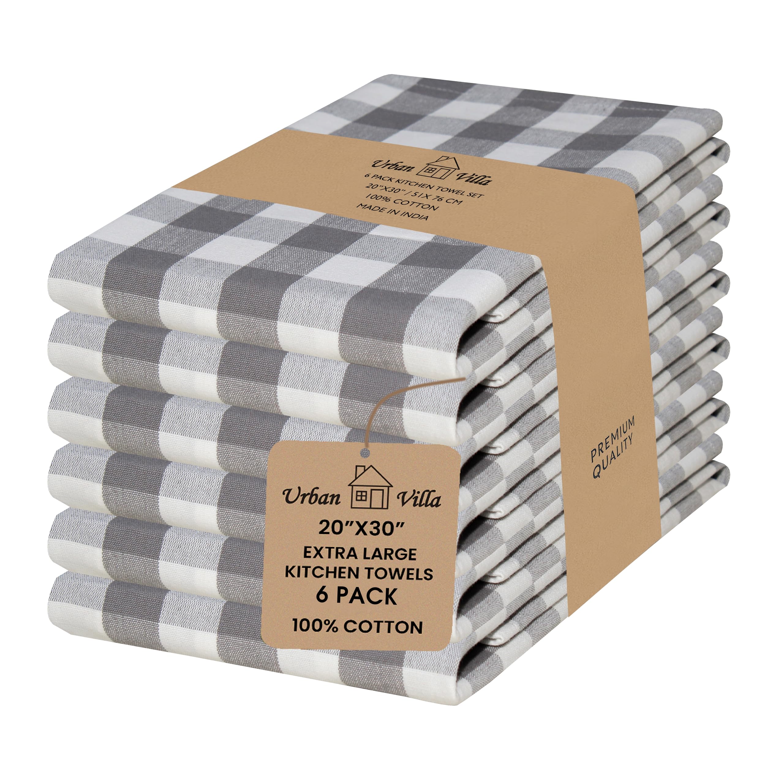Urban Villa Kitchen Towels, Premium Quality, 100% Cotton Dish Towels,Mitered Corners,Ultra Soft (Size: 51 X 76 CMS), Grey/White Highly Absorbent Bar Towels & Tea Towels - (Set of 6)