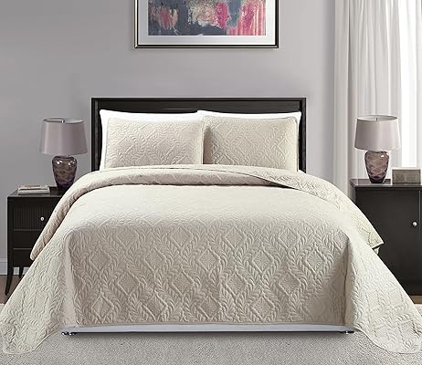 Mk Collection Full/Queen 3-Piece Diamond Bedspread, Beige