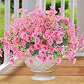 Artificial Flowers for Outdoors 12 Bundles Realistic Faux Plants UV Resistant Fake Silk Morning Glory with Eucalyptus for Front Door Planter Patio Porch Outside Spring Summer Decoration (Pink)