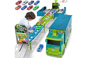 DIUERMA Carrier Truck Race Track Toddler Toys, Foldable 3 Layer Toddler Track Playset, Dinosaur Toy Truck Transport Car Carrier & 8 Race Cars, Truck Car Kids Toy Gifts for Age 3 4 5 6+ Year Old Boys Girls