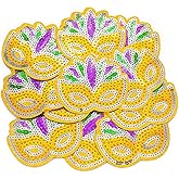 Suncalla 12 Pcs Mardi Gras Sequins Iron on Patches Mardi Gras Mask Patch Purple Gold Green Masquerade Mask Glitter Appliques Iron on Transfers for Carnival DIY Craft Clothing Dress Hats Backpack Decor