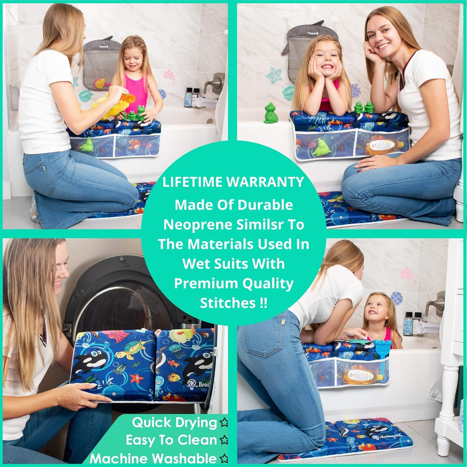 AK Brothers Bath Kneeler with Elbow Rest pad Set, Kneeling Mat with Three Extra Bonuses, Inflatable Spout Cover, Mesh Toys Organizer, 4 Colorful Decorative Tub Mats Toys in Tote Bag. Baby Shower Gift : Baby