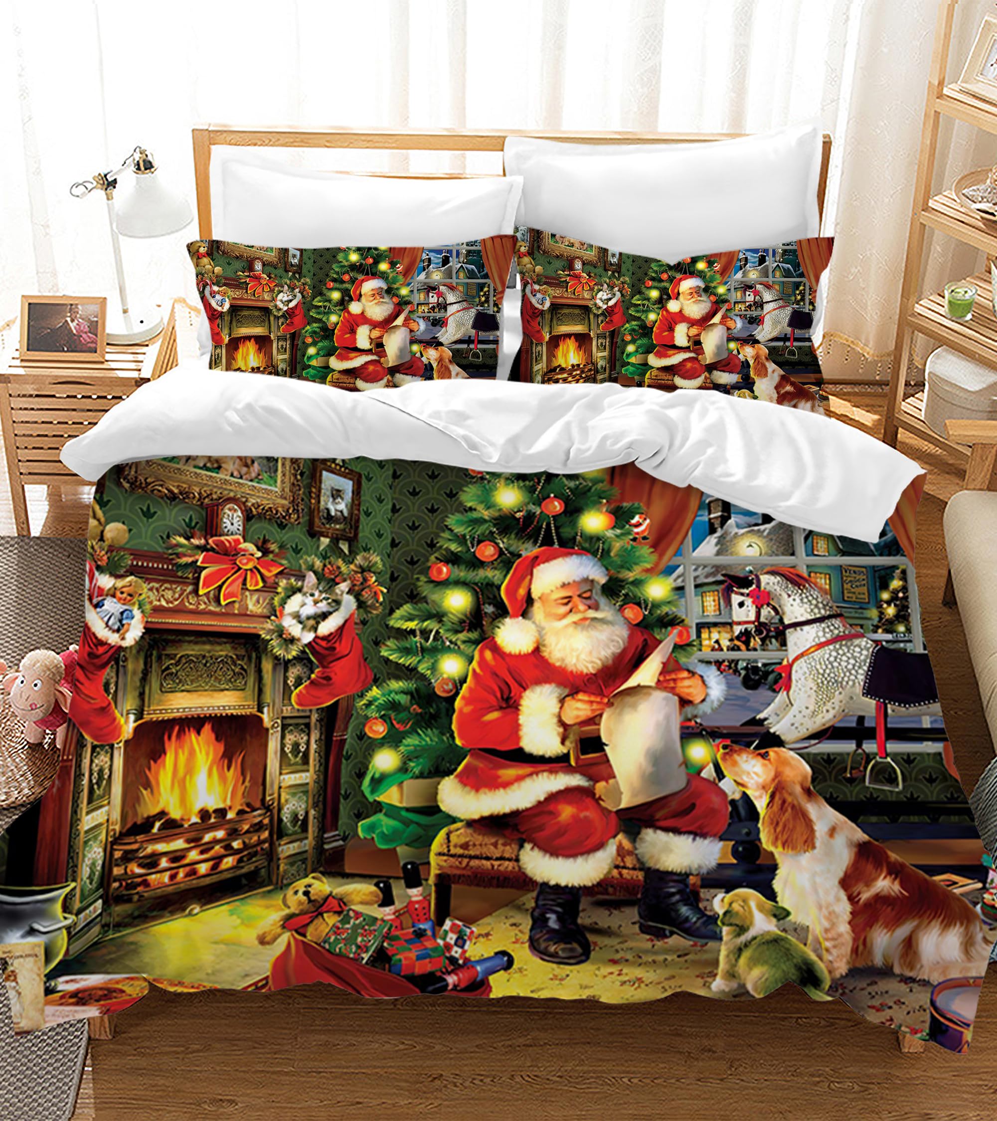 UGZDEA Christmas Bedding Set 135x200cm, 3D Christma Bedding Set With 2 Pillowcases, Father Christmas, Christma Tree, Deer, For Kids Teenagers (A, 135x200cm)
