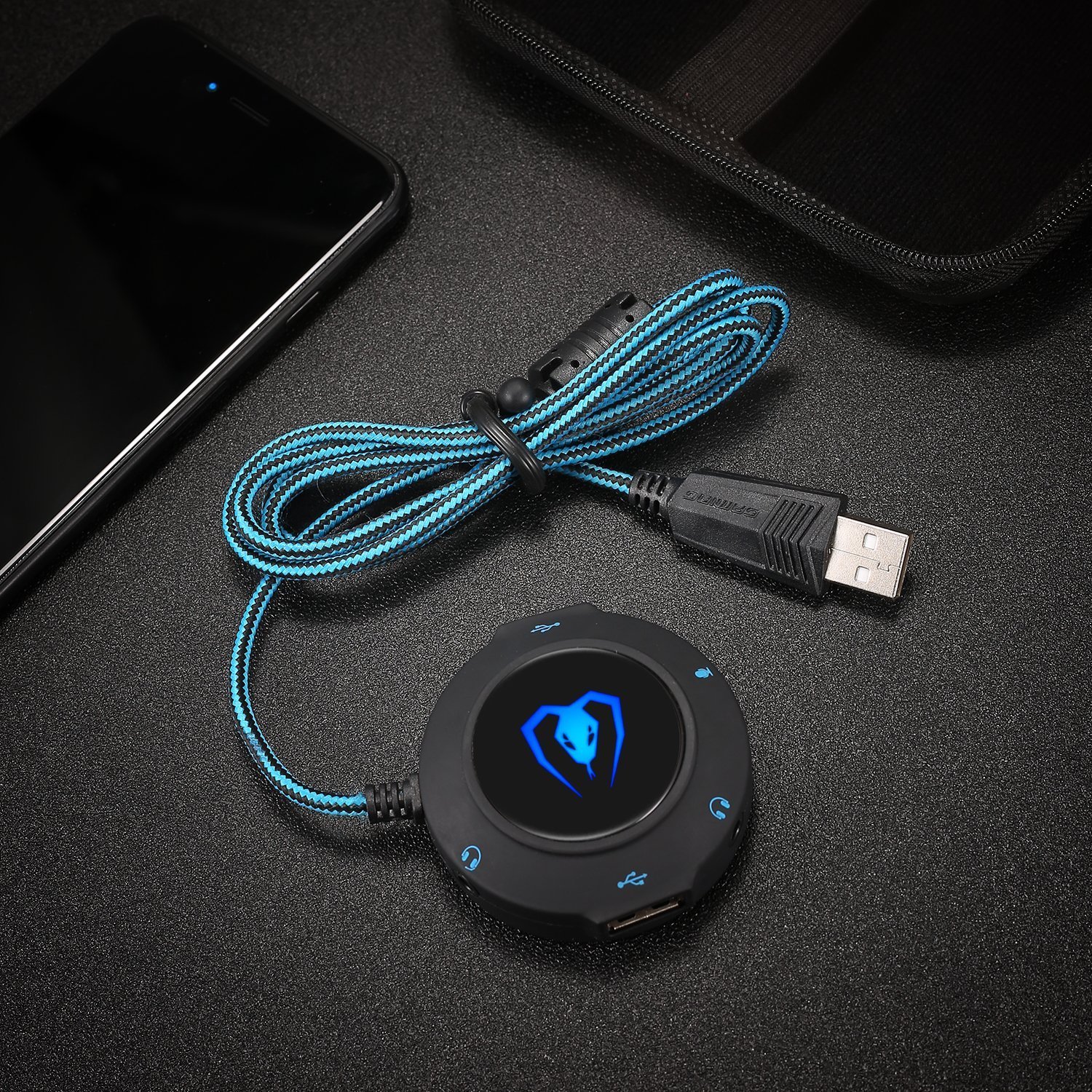 Micolindun External Sound Card USB Hubs Audio Adapter to USB Port & 3.5mm Audio & Micro Jack for PC Laptop. Plug and Play (Blue)