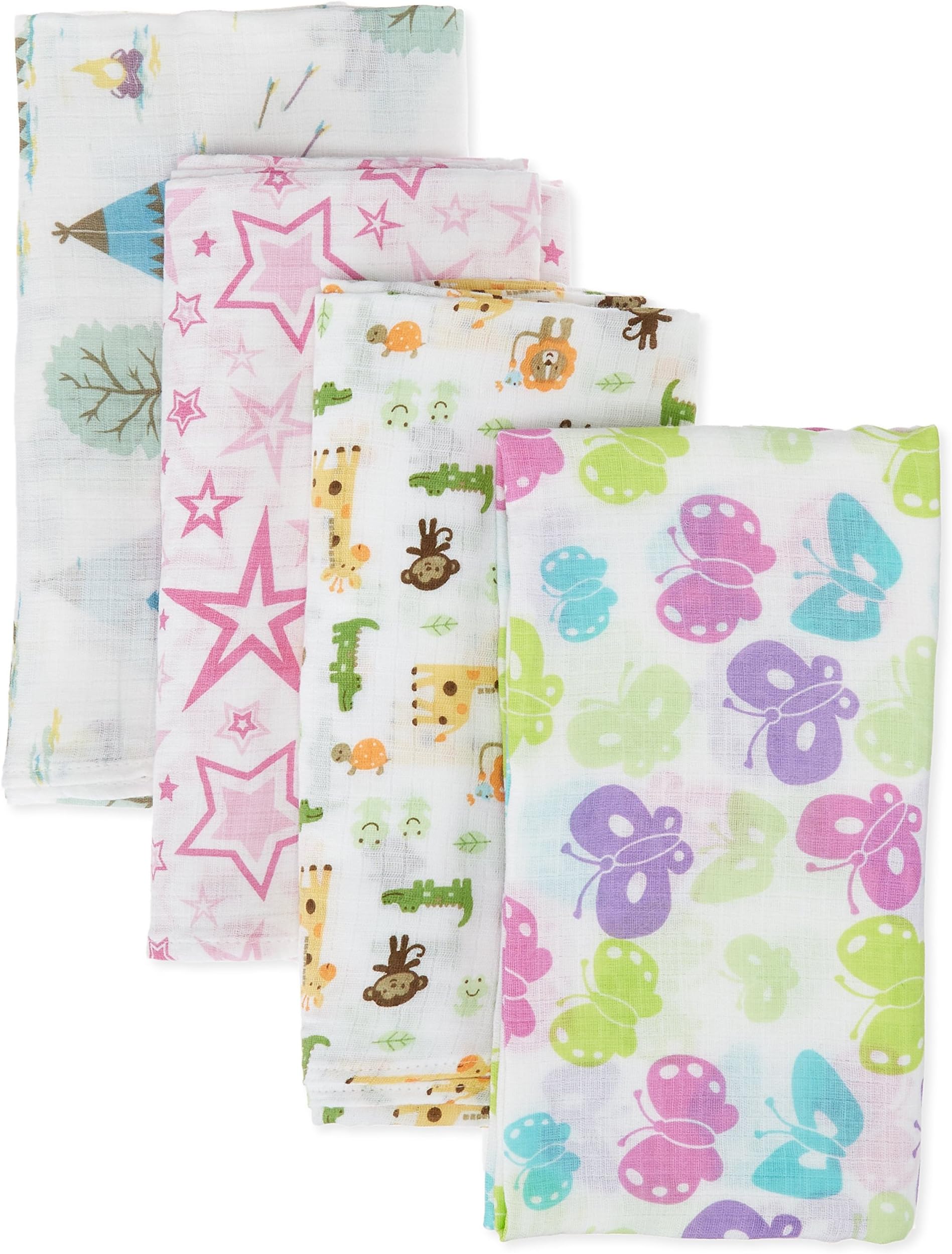 Muslin Swaddles Blankets, Ideal Baby Gift, 4 Baby Freindly Designs in a Pack, 100% Soft Cotton.