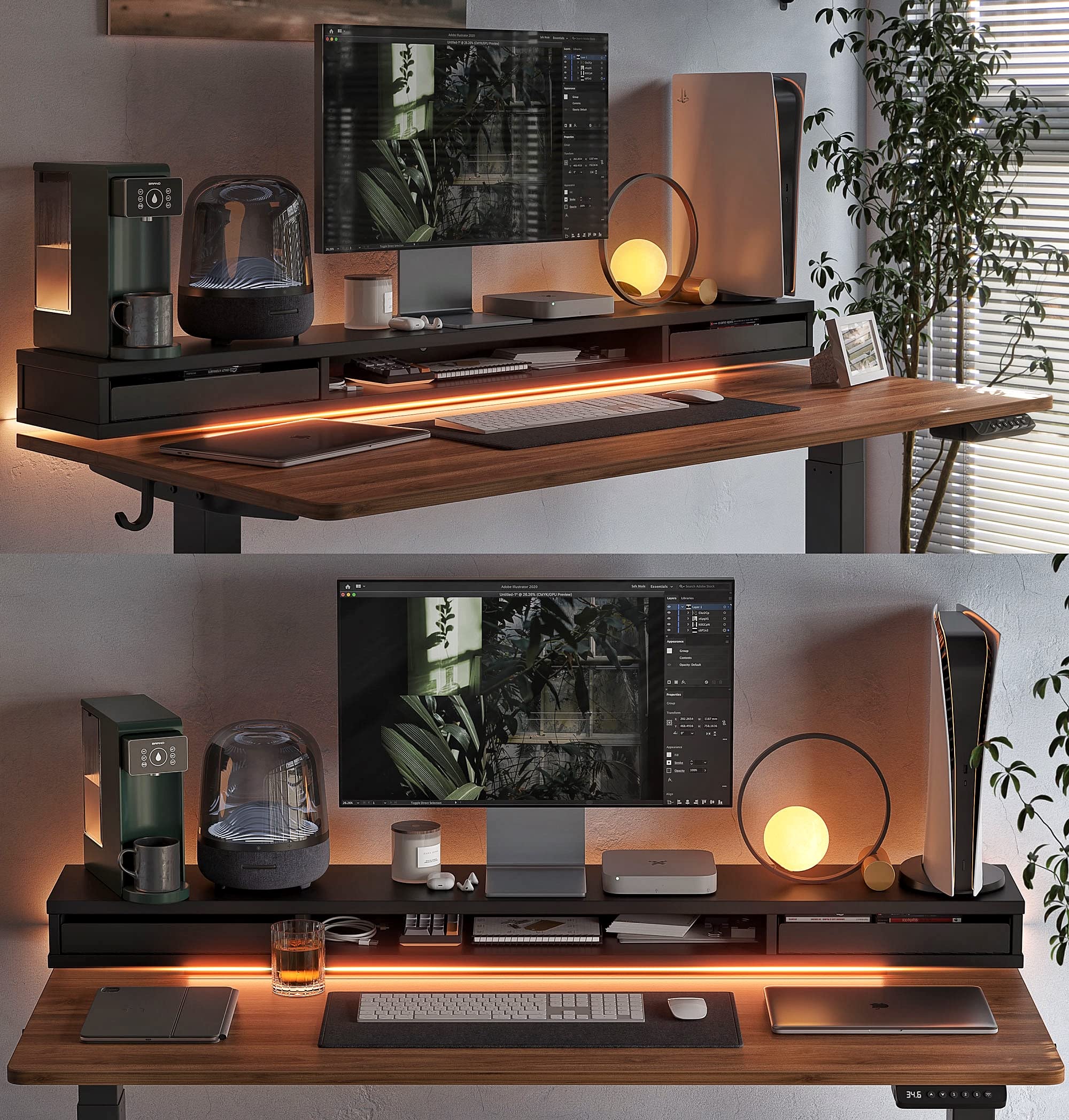 FEZIBO 55 x 24 Inch Height Adjustable Electric Standing Desk with Double Drawers, Stand Up Desk with LED Strips and Monitor Stand, Black Walnut