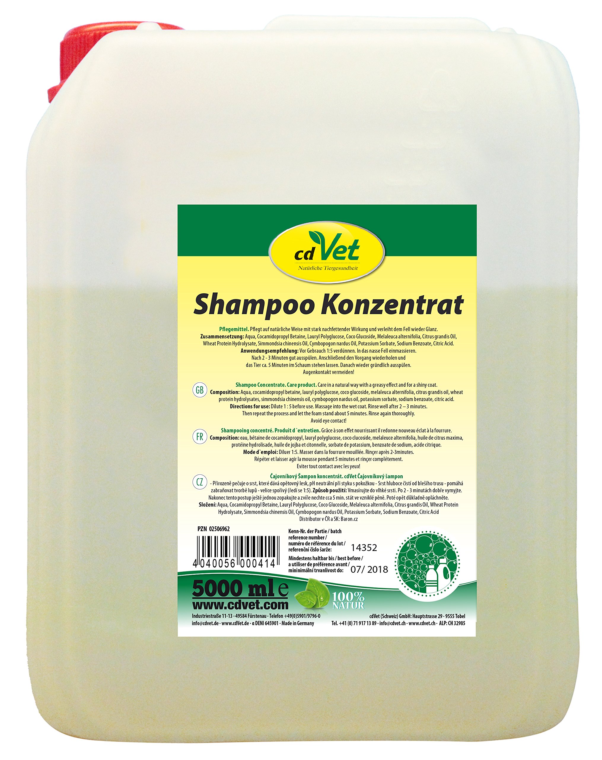cdVet Naturprodukte Shampoo Konzentrat 5 Liter - Dog, horse - care shampoo - sensitive skin - cares + cleans the coat - prevents dandruff - gives the coat shine - re-greasing -
