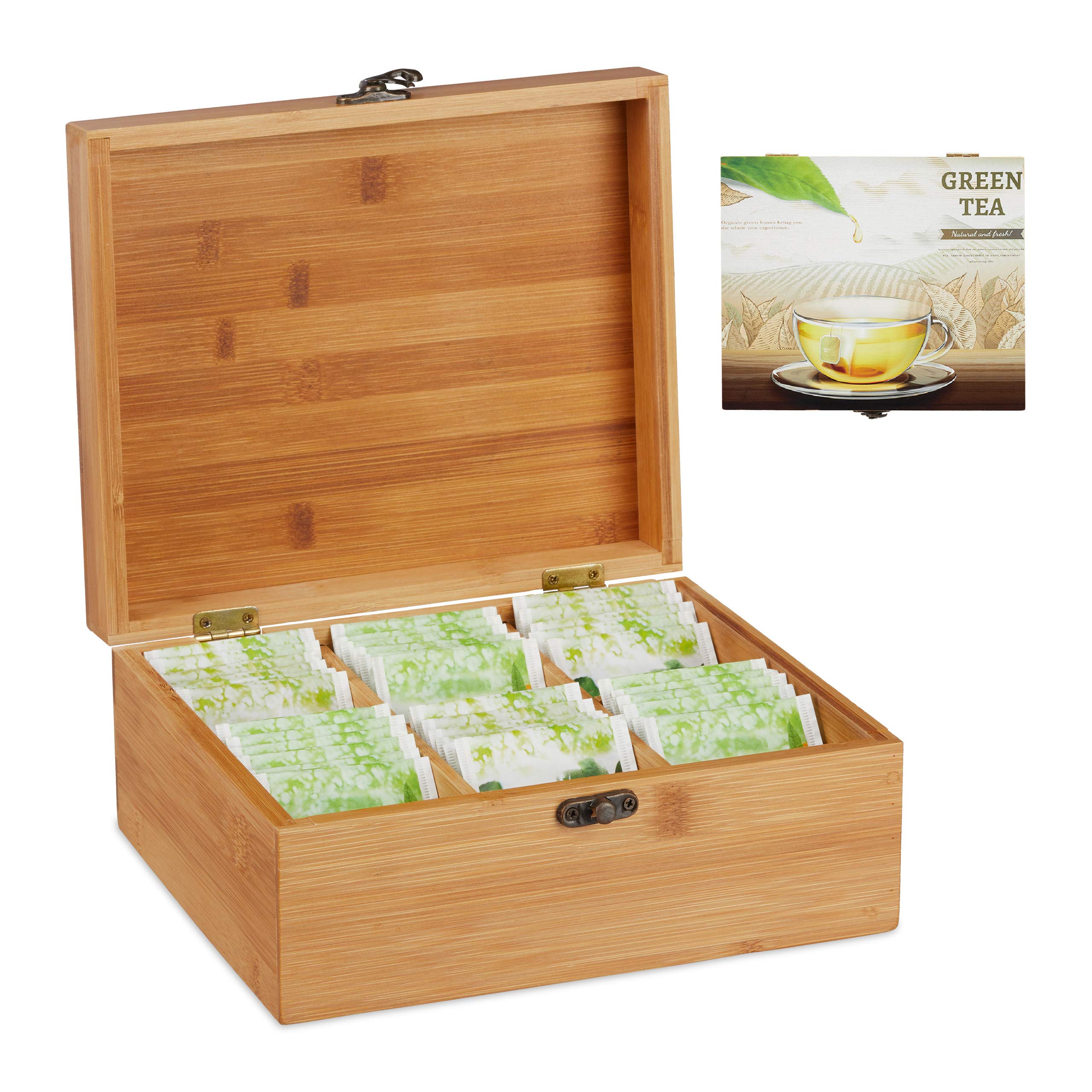Relaxdays 10027597 Bamboo Tea Box, 6 Compartments, for 72 Teabags, Hinged Lid, Flavour-Preserving, HxWxD 9.5x22x18.5 cm, Natural
