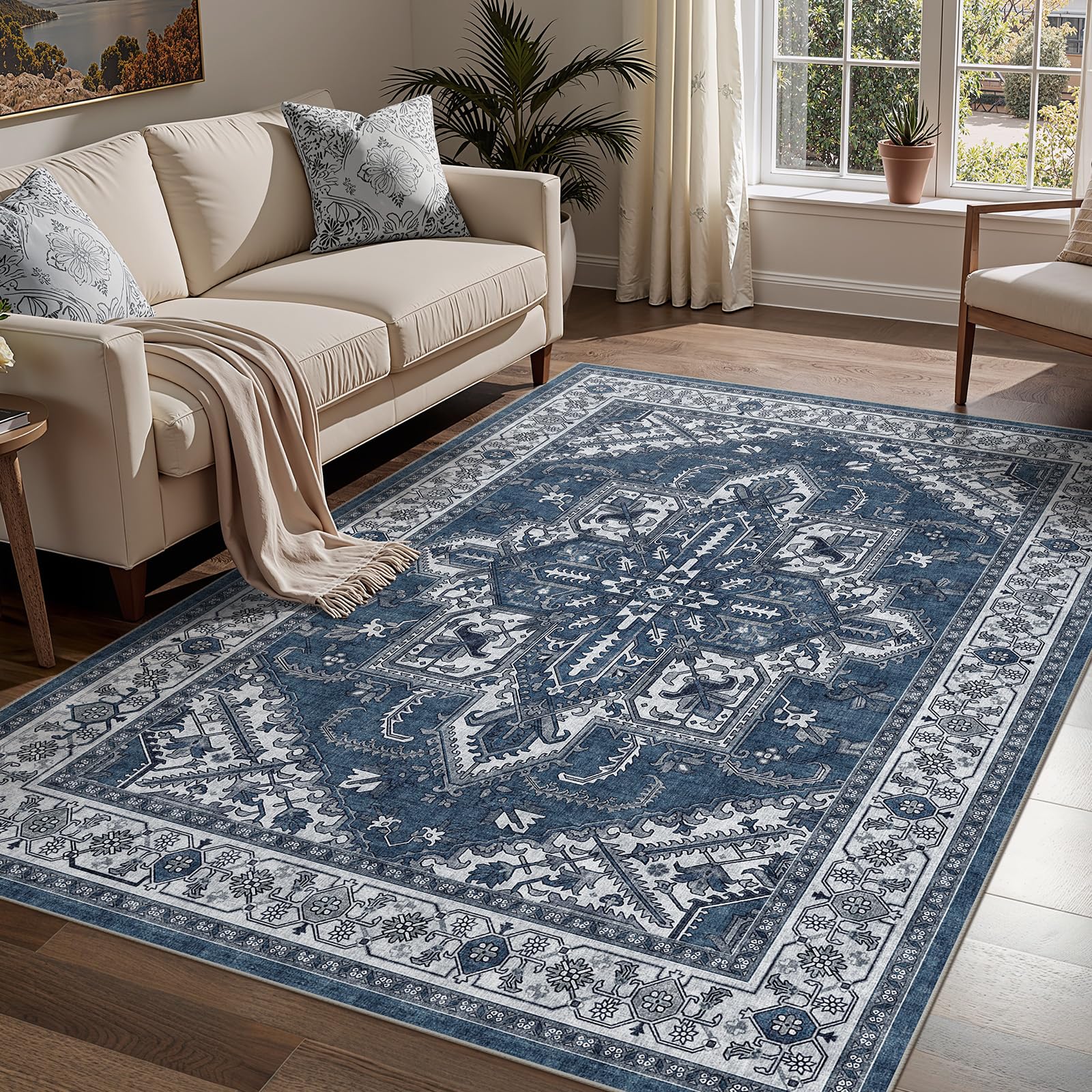 WITSHOCK Living Room Area Rugs 5x7: Washable Rug Boho Soft Non-Slip Low Pile Stain Resistant Foldable Carpet for Bedroom Playroom Dining Room Office Kitchen Farmhouse Home Decor Rug-Blue Image