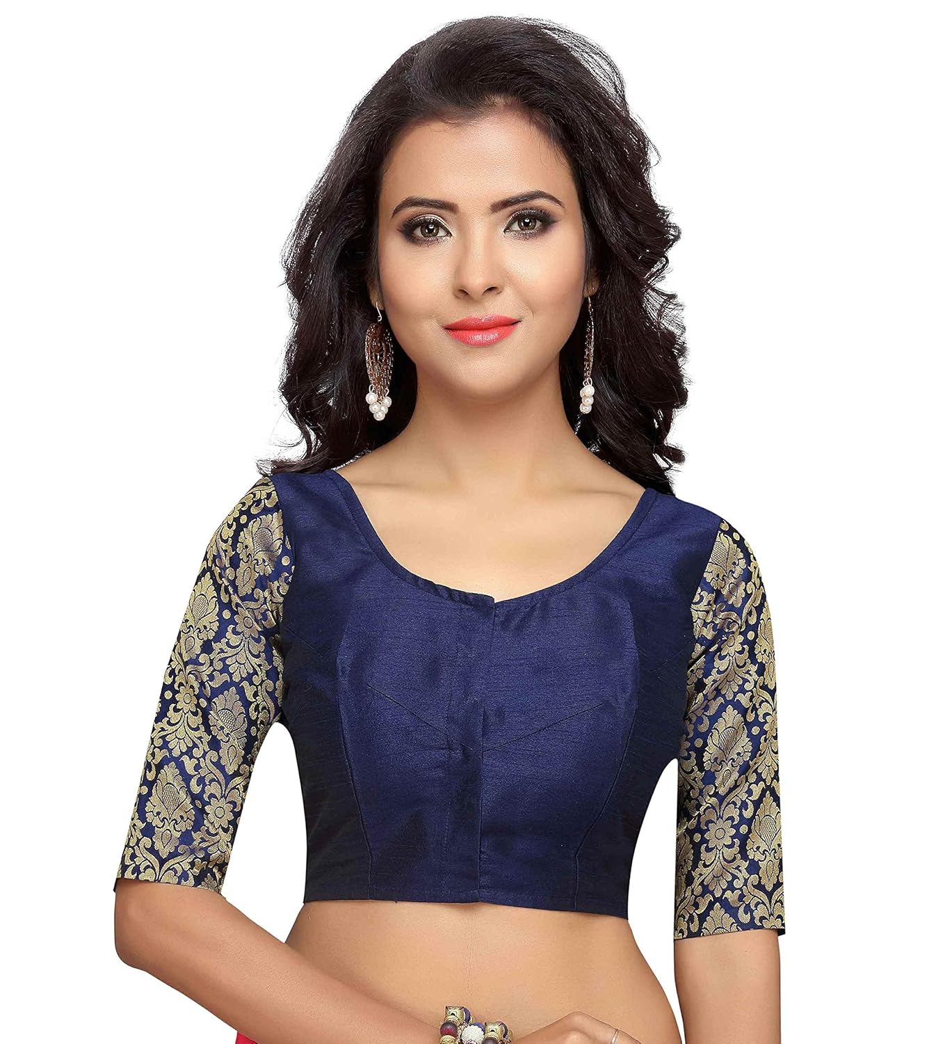 studio shringaar women's brocade sleeve readymade saree blouse with round neck