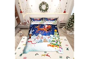 Manfei Christmas Duvet Cover Set Full Size, Snowman Xmas Tree Santa Claus Bedding Set 3pcs, Reversible Winter Snow Cabin Holiday New Year Quilt Cover with Zipper Closure, 2 Pillowcases, No Comforter