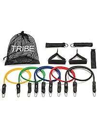 Tribe 11PC Premium Resistance Bands Set, Workout Bands - with Door Anchor, Handles and Ankle Straps - Stackable Up To 105 lbs - For Resistance Training, Physical Therapy, Home Workouts, Yoga, Pilates