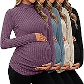Huukeay 4 Pack Women's Maternity T-Shirts, Long Sleeve Mock Turtleneck Ribbed Pregnancy Top Sweaters Side Ruched Mama Clothes