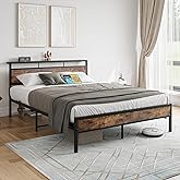 FOUBAM Queen Size Bed Frame, Storage Headboard with USB and TypeC Charging Station, Metal Platform Bed with Strong Supports,S