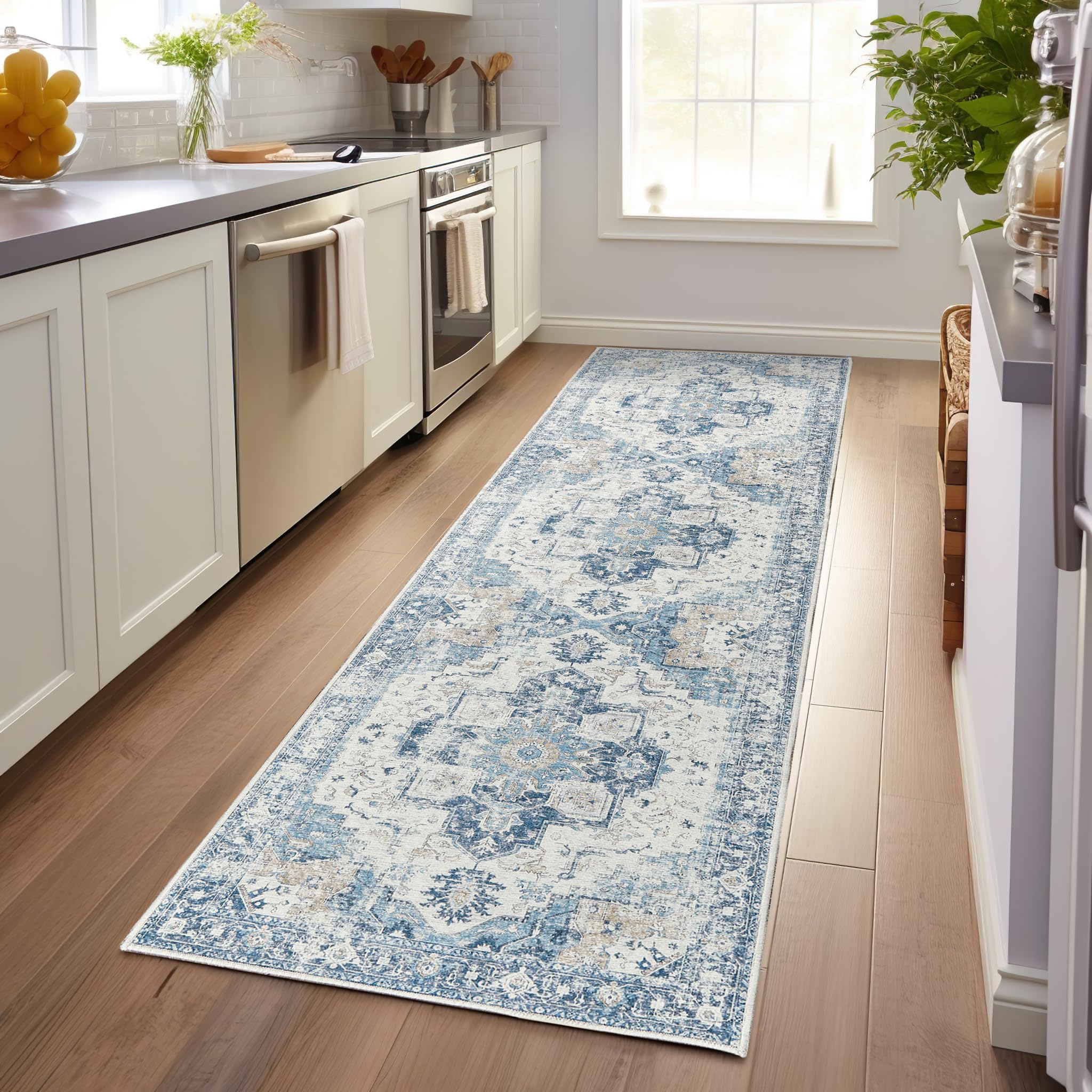 Photo 1 of jinchan Runner Rug 3x10 Vintage Hallway Rug Kitchen Washable Runner Retro Floor Cover Lightweight Non-Slip Low Pile Thin Distressed Carpet for Entryway Bathroom Laundry Room Bedroom Stairway Blue