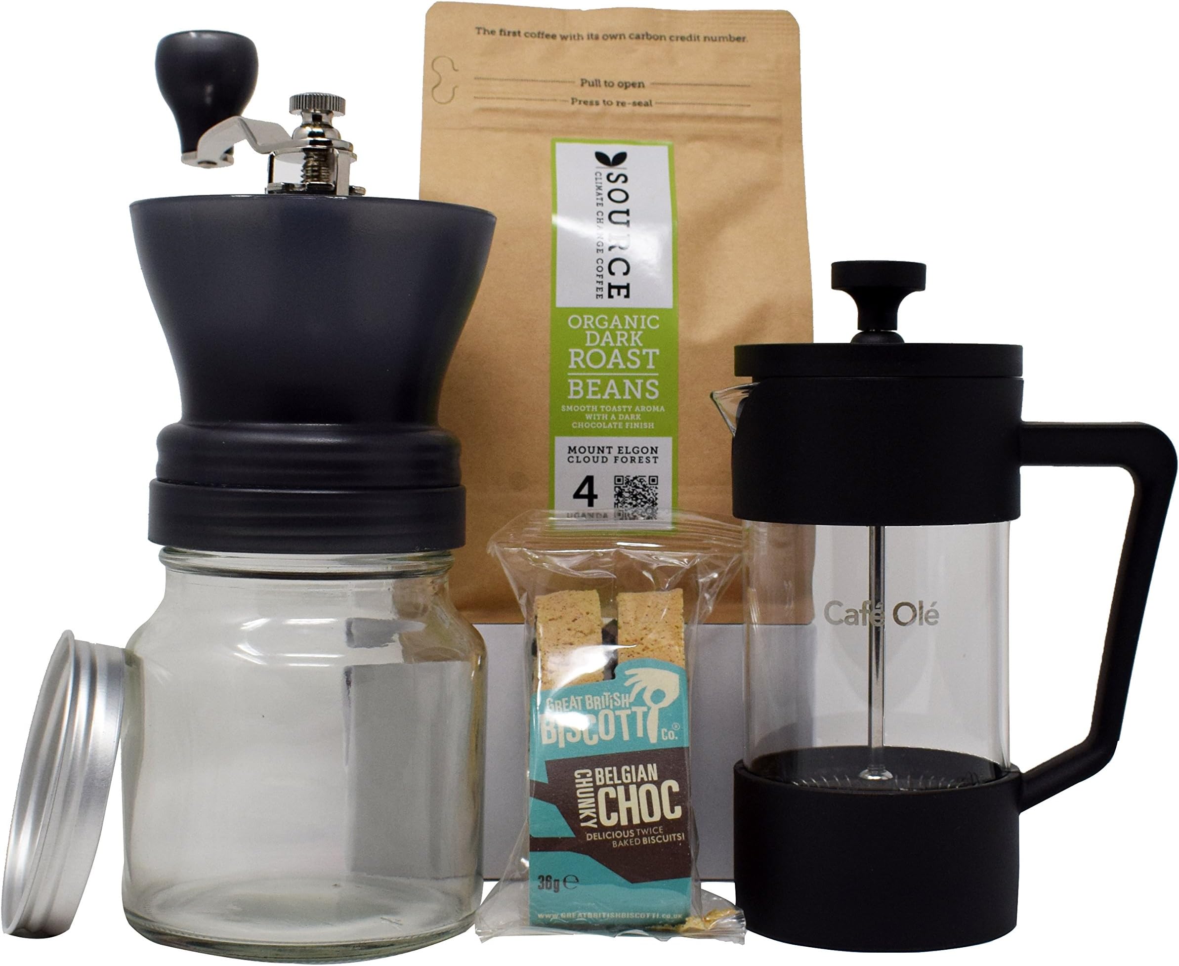 Discover Coffee Gift Set - Source Uganda Whole Bean Coffee (227g), Grunwerg Grinder, Grunwerg Cafetiere & Biscotti