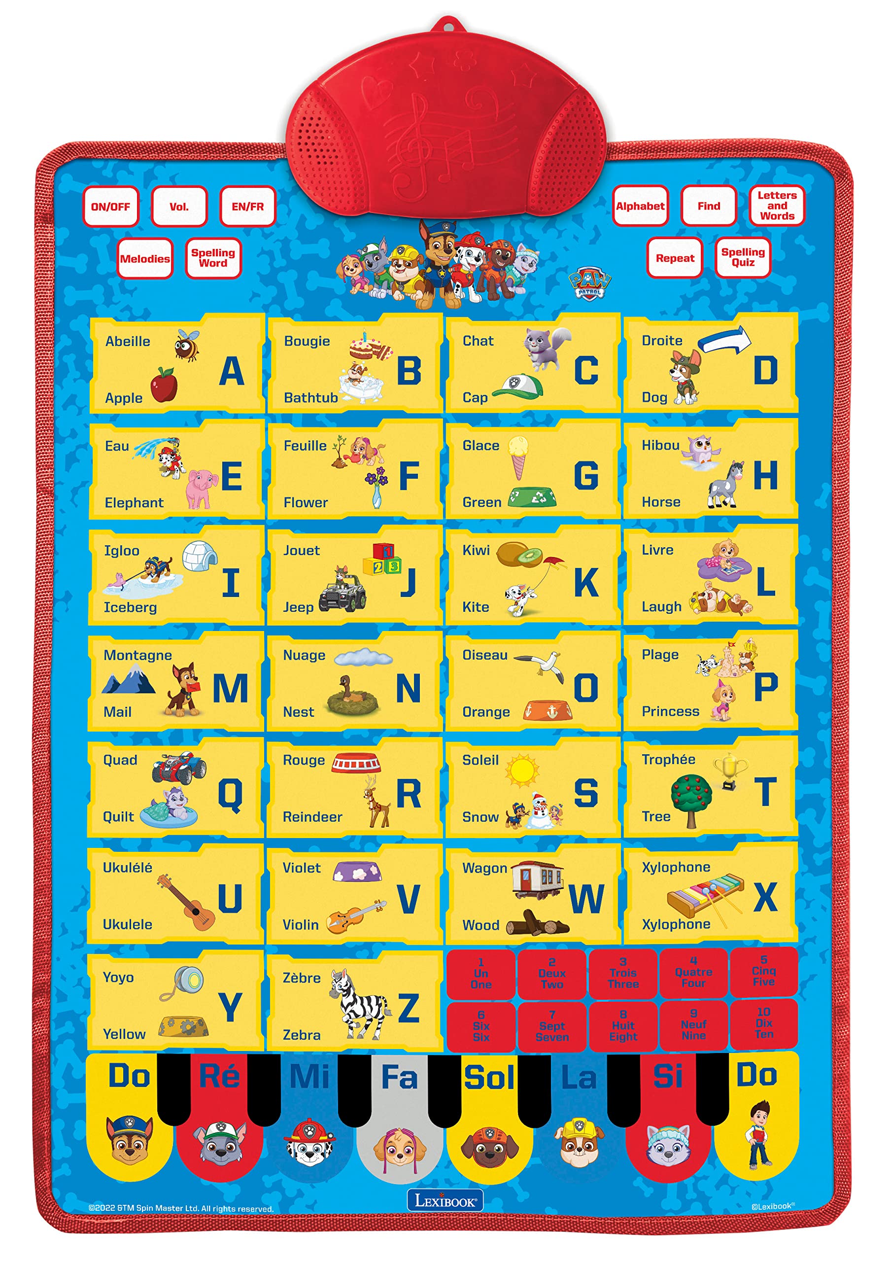 Lexibook, Paw Patrol, Bilingual educational poster, vocabulary, music, quiz, English/French, Blue/yellow, JCMAT10PAi1