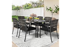 YITAHOME 7 Piece Patio Dining Set, Outdoor Patio Wicker Conversation Furniture Set with Umbrella Hole and All Iron Frame for Lawn Garden Backyard Deck, Soft Black Cushions (Black)