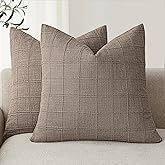 Foindtower Set of 2 Decorative Linen Check Throw Pillow Covers Neutral Farmhouse Vintage Cushion Covers Modern Boho Home Decor for Sofa Chair Couch Bedroom Living Room,20×20 Inch,Tan Taupe