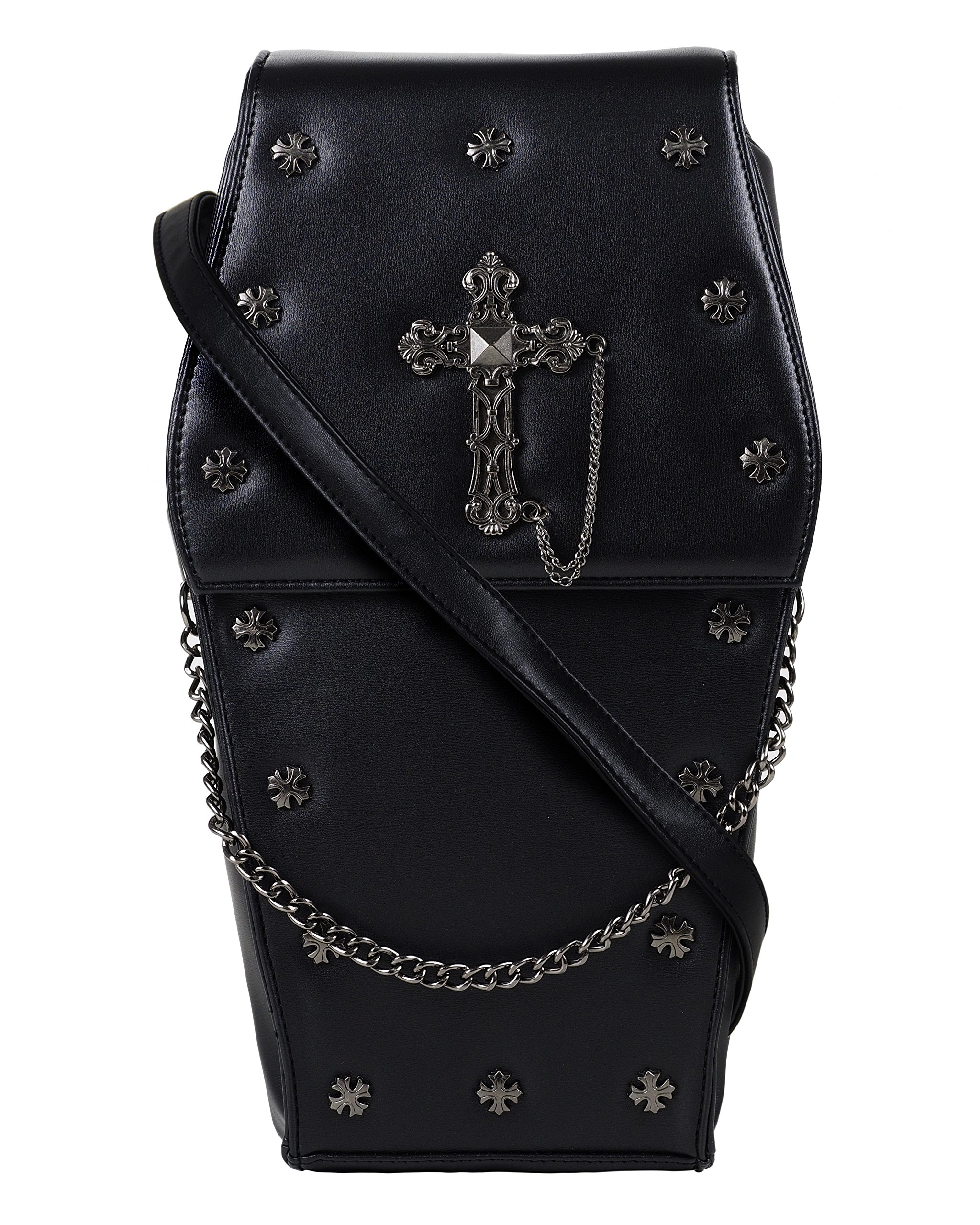 GOTHX Black Coffin Metal Silver Cross Steam Punk Rock Goth Gothic Backpack Cross Body Handbag Travel Festival PU Vegan Leather Bag