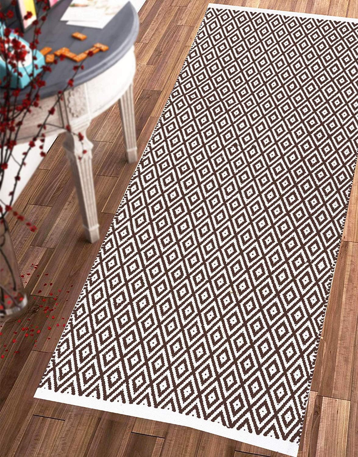 The Home Talk Hand Woven 100% Cotton Diamond Contemporary Throw Runner Rug- Geometric Fully Reversible Machine Washable (28”x56”, Brown)