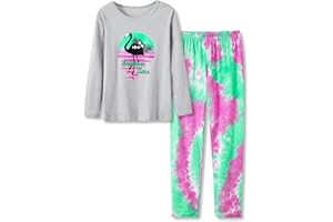 Tebbis Trendy Tie Dye Sleepover Pajamas for Girls -100% Cotton Soft Avocado/Caticorn Cat Donut PJ Set Size 6-18